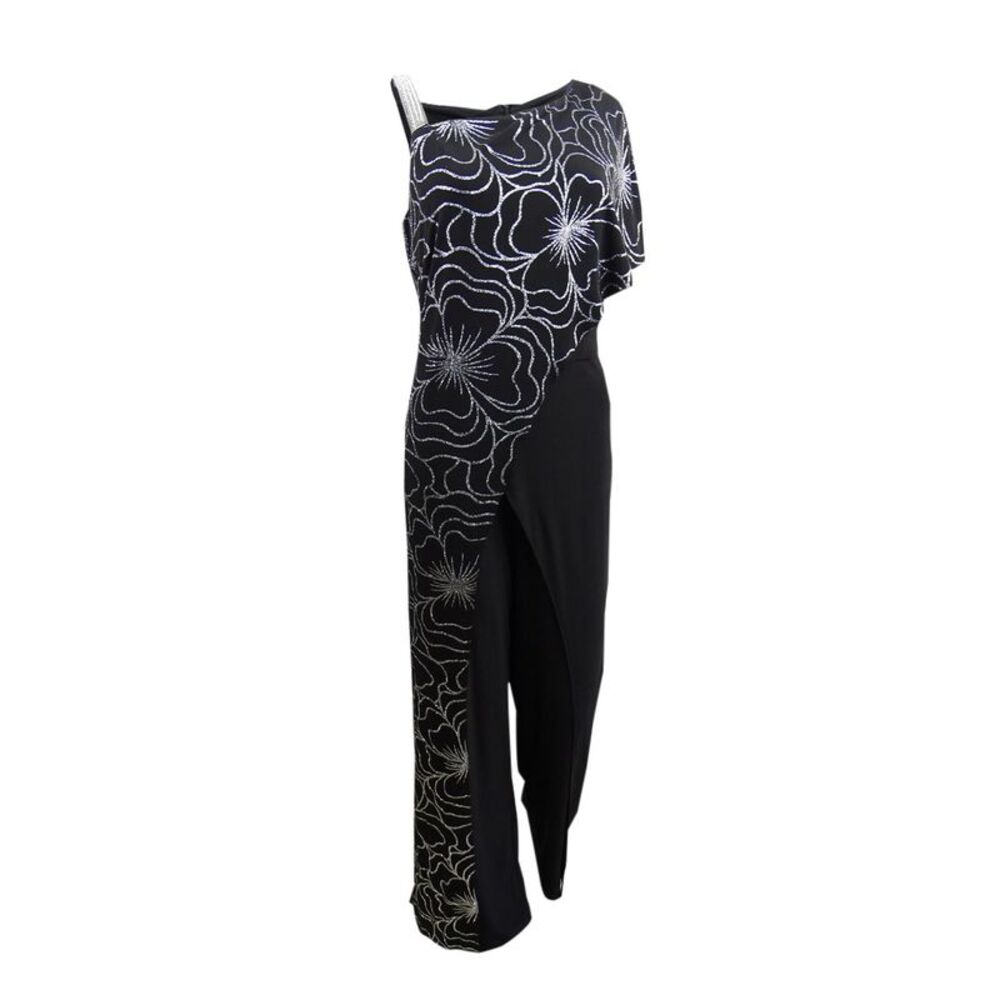 28th & Park Women's One-Shoulder Overlay Jumpsuit (14, Black/Silver)